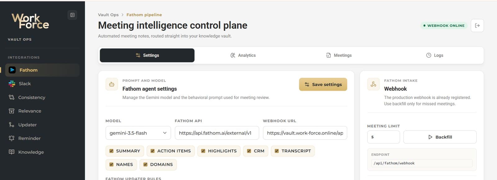 Company-memory meeting intelligence settings